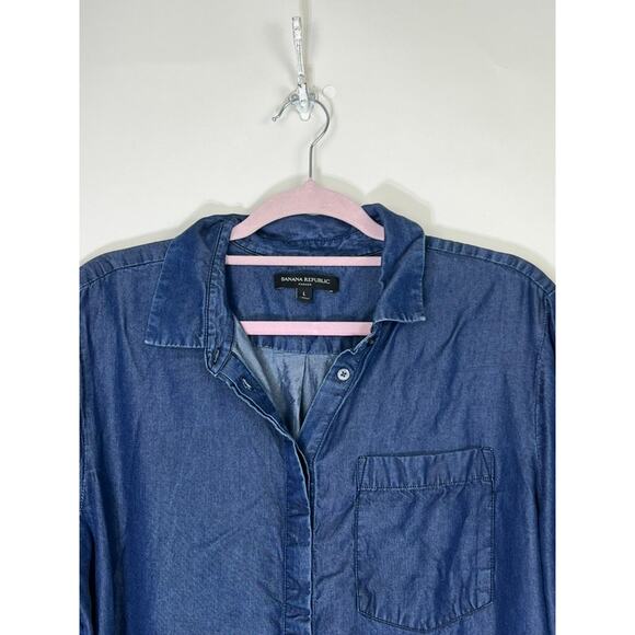 Banana Republic Dark Blue Wash Long Sleeve Button Up Tie Wrist Denim Top Size L - Picture 2 of 11
